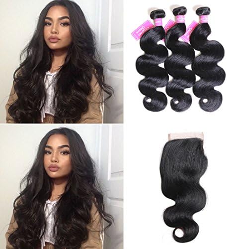 Original Queen 8A Grade Brazilian Body Wave Virgin Hair 3 Bundles with Closure 100% Unprocessed Human Hair Extensions Mixed Length 16 18 20inches With 14inches Free Part Closure