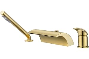 sumerain 3 Hole Roman Tub Faucet with Hand Shower, High Flow Single Handle Waterfall Bathtub Filler Brushed Gold Finish