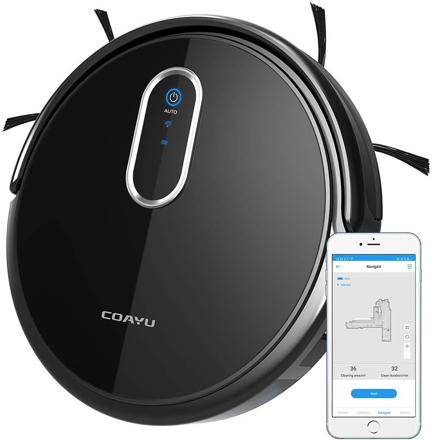 COAYU C530 Robot Vacuum Cleaner, Wet Mopping Sweeping, Anti-Drop Anti-Collision, Max Suction, Work with Alexa and Google Assistant, Auto-Charging Cleaner for Pet Fur, Hard Floor, Carpet (Black).