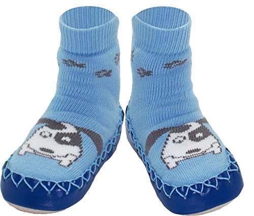 Konfetti See Spot Run Blue Puppy Dog Swedish Moccasins House Slippers Shoes - Girls Slipper Socks - Home Footwear for Babies and Toddlers