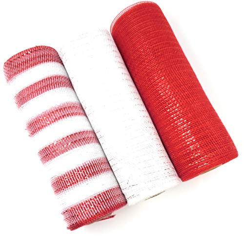 Valentine's Red Hearts 10 inch, 10 Yard Deluxe Decorative Metallic Deco Mesh Rolls (White, Red, Red and White)