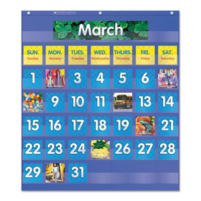Monthly Calendar Pocket Chart, 25 1/2 x 10 x 0.13, Blue/Clear, Sold as 1 Each