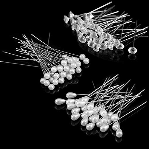 Senkary 300 Pieces Corsages Pins Flower Pins Floral Pins Diamond Crystal Pins Pearl Pins Straight Head Pins Wedding Bouquet Pins, 3 Styles
