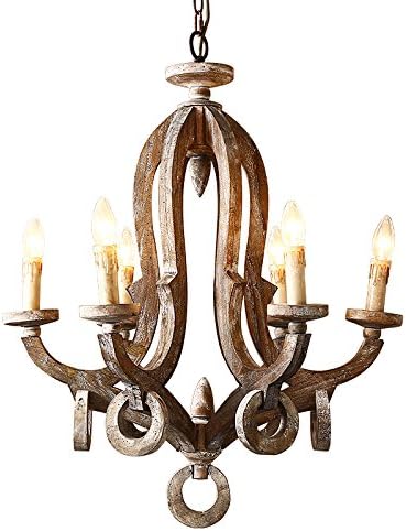 Homi Rustic Cottage Chic Sculpted Wooden 6-Light Chandelier Ceiling Light Fixture with Candle Shaped Light