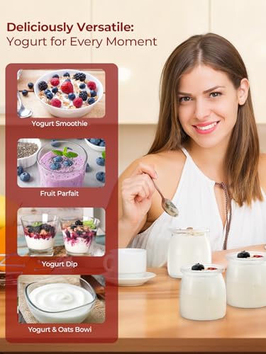 FOHERE Yoghurt Maker 25 W with 12 Glass Containers of 180 ml for up to 2.16 L Homemade Yogurt, Greek Yoghurt Machine with Temperature and Timer, LCD Display, Automatic Shut-Off, BPA-Free