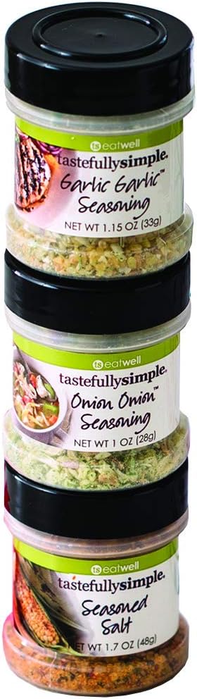 Tastefully Simple Spiced! Sampler Mini Seasoning Shakers, Onion Onion Seasoning, Garlic Garlic Seasoning and Seasoned Salt (Combo Pack of 3)