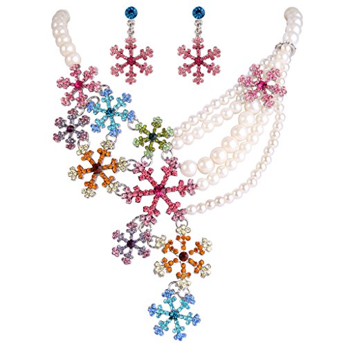 EVER FAITH Silver-Tone Snowflake Simulated Pearl Multicolor Austrian Crystal Necklace Earrings Set