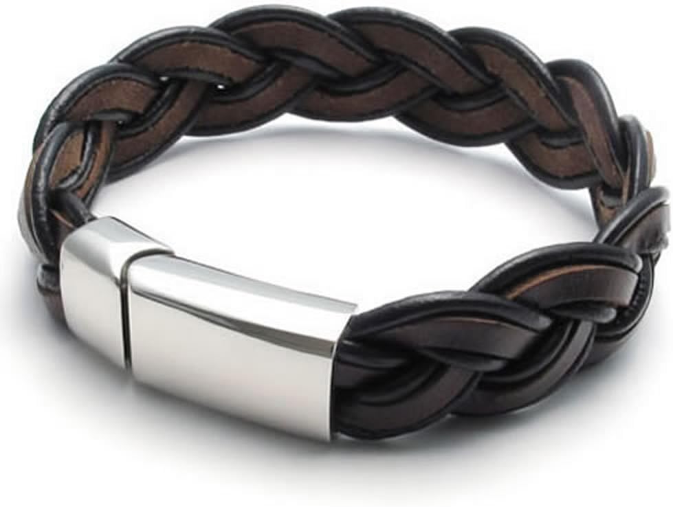 KONOV Brown Leather Mens Bracelet Bangle Stainless Steel Clasp, 16mm - 8", 8.5", 9" inches