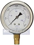 NEW STAINLESS STEEL LIQUID FILLED PRESSURE GAUGE WOG WATER OIL GAS 0 to 3000 PSI LOWER MOUNT 0-3000 PSI 1/4" NPT 2.5" FACE DIAL FOR COMPRESSOR HYDRAULIC AIR TANK