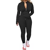 AUXDIO Women 2 Piece Outfits Workout Sets Zip Up Thumb Hole Tracksuit | Long Sleeve Zip Up Workout Sets, Slim Fit Stretchy Fabric with Pockets, Solid and Stripe Styles for Gym, Yoga &amp; Casual Wear