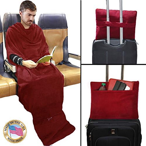 The Smart Blanket - 6 in 1 - Throw Blanket, Pillow, Detachable Foot Warmer, Privacy Hood, Secure Pouch Pocket, Wearable Blanket - Made in USA - Size: SM / MED - Color: Burgundy