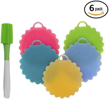 Multi-purpose Antibacterial Silicone Kitchen Sponges and Bottle Brush Set Ideal Prodz| Food-grade &amp; Non-Stick Dishwashing Scrubbers| For Wash Kitchen, Dish, Pots, Bottles, Fruit 5pc sponge w/brush