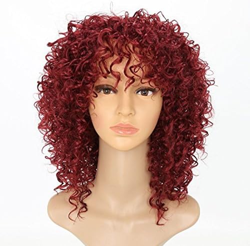 Doren Loose Curls Synthetic Wigs for Women Machine Made Short Curly Hair with Bangs Wine Red Color