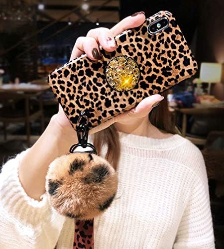 iPhone Xs Max Case,Fashion Brown Leopard Cover with Rabbit Fur Hairball Phone Case for iPhone Xs Max 6.5-inch,A7