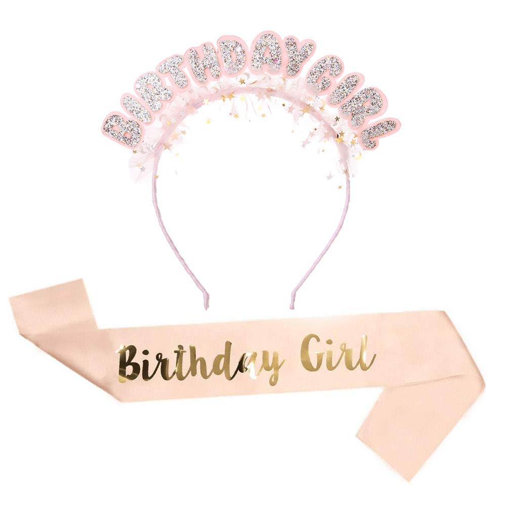 Dusenly Birthday Tiara and Sash Set, Glitter Lace Star Girl Headband and Sash for Women and Girls Birthday Party Supplies