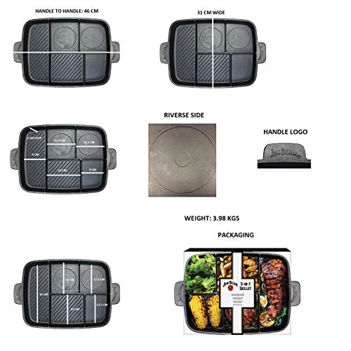 Jim Beam JB0182 Heavy Duty Construction 5-in-1 Cast Iron Skillet with Superior Heat Retention and 5 Separate Cooking Areas, 15", Black