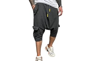 Familyhouse 3/4 Mens Hippie Pants Drop Crotch Harem Pants Genie Pants Mens Capri Cotton Baggy Shorts Wide Leg Trousers