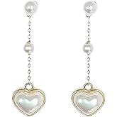 Pearl Heart Earrings for Women Pink Heart Drop Earrings Long Pearl Tassel Earrings White Pearl Earrings Party Jewelry Gifts for Women
