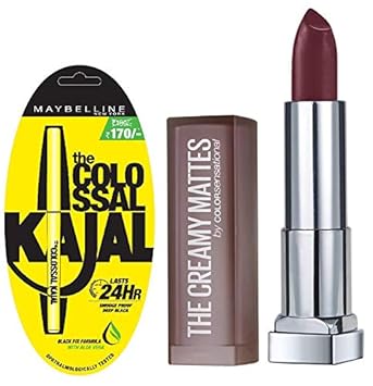 Maybelline New York Colossal Kajal, Black, 0.35g and Maybelline New York Color Sensational Creamy Matte Lipstick, 696 Burgundy Blush, 3.9g