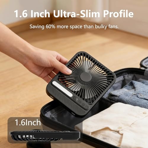 Portable Desk Fan for Travel, 7 Inch Portable Fan with Light – Rechargeable Camping Fan, 10000mAh Battery, 28H Runtime, 4 Speeds, Ultra-Thin, Quiet, Timer & LED Display, for Bedroom, Office, Camping