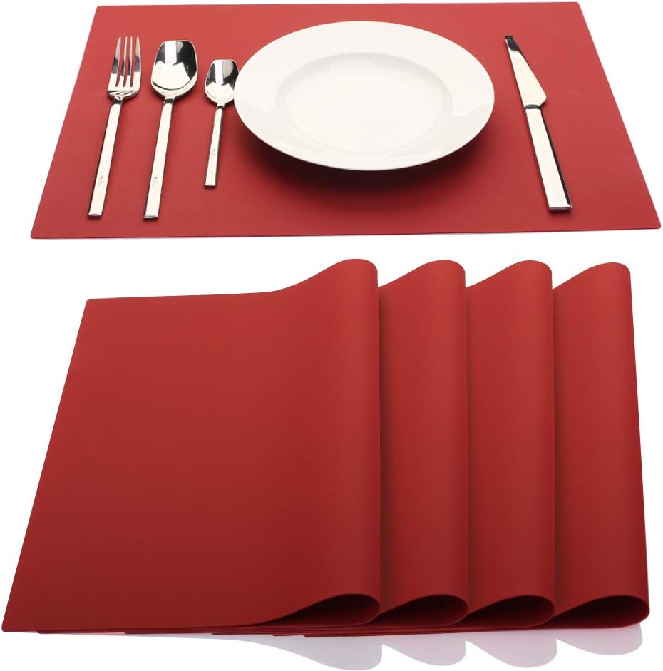 IYYI Silicone Placemats,Placemats for Kids,Placemats Set of 4 Waterproof Heat Resistant Non-Slip Kitchen Table Mats for Dining Table, Easy to Clean (Dark Red)