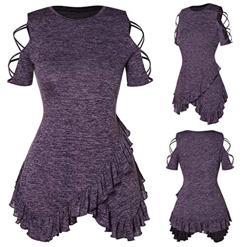 Duseedik Women's Summer Tops Plus Size Blouse Casual Strapless Cross Straps Ruffled Tailored T-Shirt Tunic Tank Tops Purple