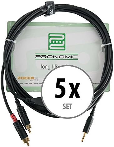 Pronomic Stage J3RC (Set of 5 3 M Audio cable – 3.5 mm Stereo Jack to RCA for DJ Studio and PA, Male to Male 3 m Black