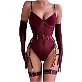 Pfylinqo Women's Sexy Mesh Lingerie Set Garter Teddy Neon Bodysuit with Underwire Chest support, Babydoll & 1 Pair Gloves