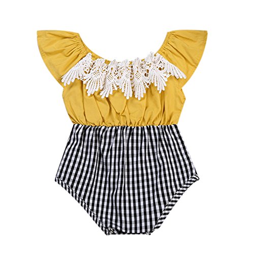 GRNSHTS Baby Girls Lace Plaid Patchwork Off Shoulder Romper (80/6-12 Months, Yellow top + Black White Plaid Bottom)