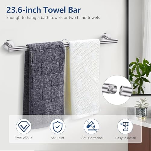 Bathroom Towel Bar Holder Sets, 5 Piece, Brushed Nickel Bathroom Hardware Set, Stainless Steel Toilet Paper Holder with Shelf Bathroom Accessories Kit Wall Mounted (Silver)