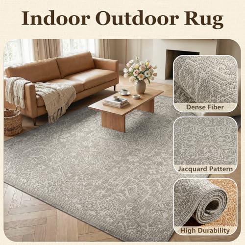 Outdoor Rug-Patio Rug Polypropylene Indoor Outdoor Carpet 7.9x10ft Porch Balcony Carpets Garden Deck Mat Easy Clean Non Slip Light Weight Vintage Outdoor Area Rug Retro Grey