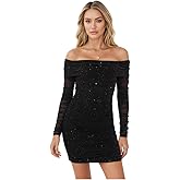 Women’s Sexy Sequin Mesh Off Shoulder Long Sleeve Ruched Mini Bodycon Dress Glitter Silver Specks Party Club Cocktail Dresses