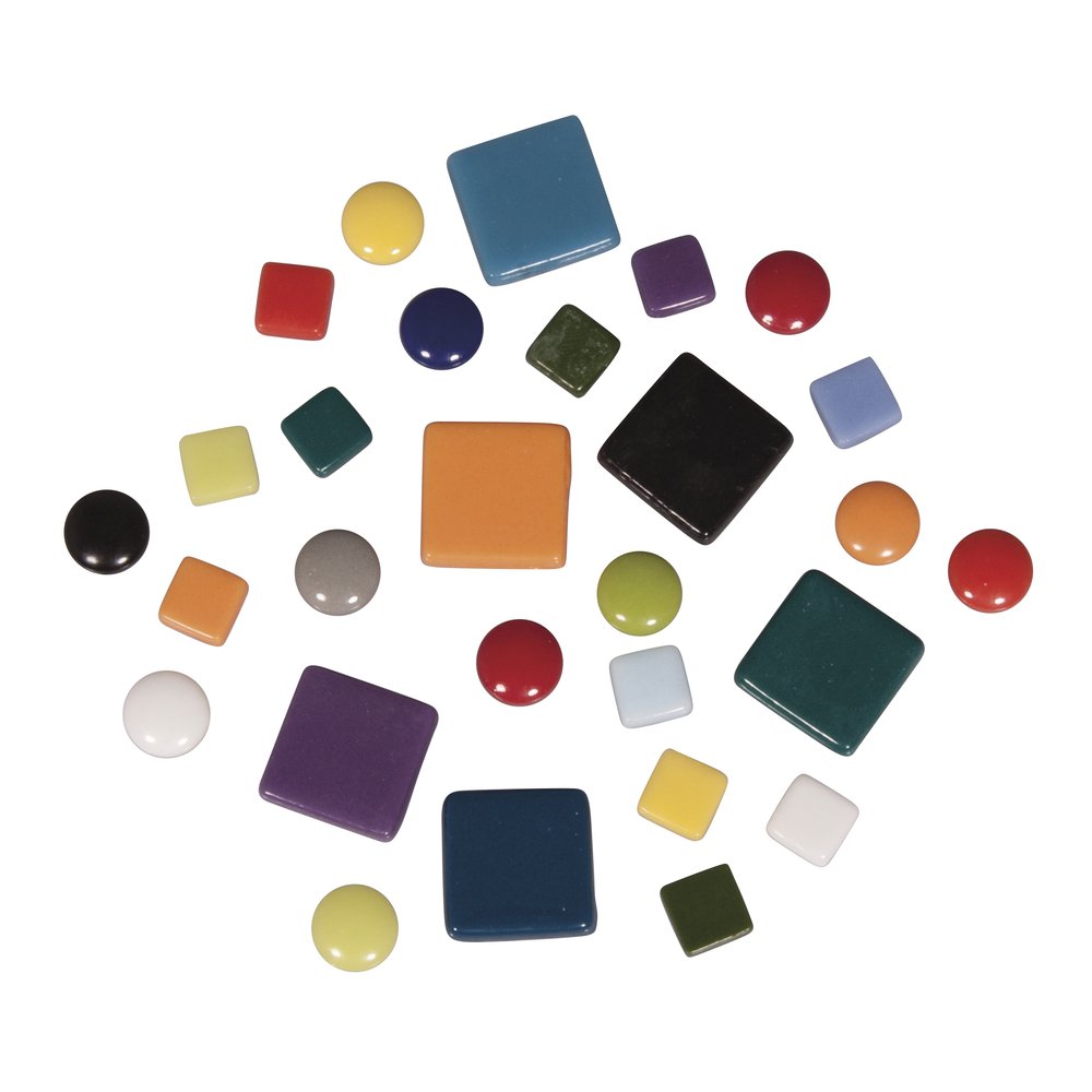Rayher Fancy Glass Mosaic Tiles for Arts and Crafts, Set of Circles and Square-Shaped Mosaic Pieces, Multicolour Tiles, 1x1cm, 2x2cm, Diameter 1.2cm, 500g, 14830000