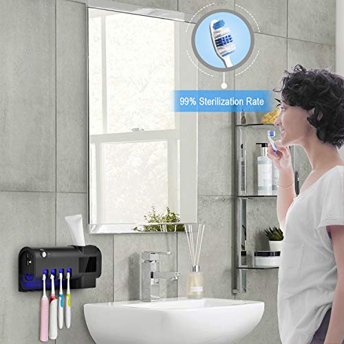 TANGXIA UV Toothbrush Sterilizer Holder, Solar Powered Rechargeable Toothbrush Sanitizer, Wall Mounted Toothbrush Organizer with Timing Function for Washroom Bathroom -10 Seconds Disinfection - Thumbnail 2