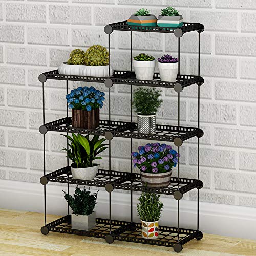 JYYG Portable Plant Stands Custom Shaped Succulents Pot Shelf Standing Baker's Racks for Flowers Metal Shelving Unit for Green House Indoor Outdoor Multifunction Storage Organizer, 7-Grid Black
