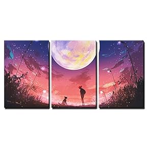 3 Piece Canvas Wall Art - Illustration - Young Woman with Dog at Beautiful Night with Huge Moon Above - Modern Home Art Stretched and Framed Ready to Hang - 16"x24"x3 Panels