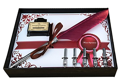 Calligraphy Pen Set | Antique Burgundy Feather French Quill Kit with 5 Extra Nibs , Bottled Dip Ink & Elegant Storage Case | Learn Islamic Art Arabic Lettering | Best Holiday Gift by FinestImpressions