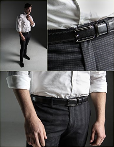 Marino Men's Genuine Leather Ratchet Dress Belt with Open Linxx Buckle, Enclosed in an Elegant Gift Box - Gunblack Silver Square Open Buckle W/Black Leather - Custom: Up to 44" Waist