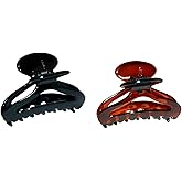 Parcelona French Flat Cutout Black and Tortoise Shell Brown Medium 3" Set of 2 Celluloid Hair Claw Clip Women Hair Accessories, Made in France