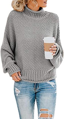 Pommaxe Womens Turtleneck Pullover Sweaters Casual Oversized Batwing Sleeve Chunky Ribbed Jumper Tunic Tops