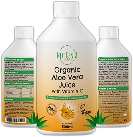 Next Gen U | Organic Aloe Vera Juice Concentrate with Vitamin C 50 Servings 500ml | Max Strength 10 X Concentrated Pure Aloe Vera Juice VIT C | No Pulp Added | Suitable for Vegan & Vegetarian Diets