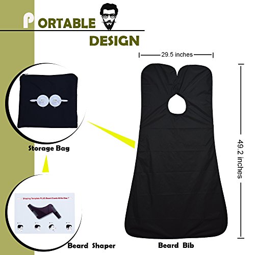 Beard Trimming Apron + the Beard Template Bib Guide Tool Mustache Shaper Comb Hair Catcher Cape Shaving Grooming Shaping Clippings Facial Styling Gift for Men, Black