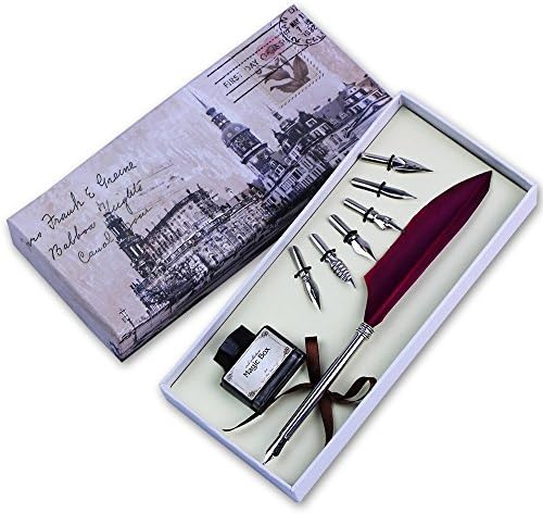 FEATTY Quill Pen Set Antique Dip Feather Pen Calligraphy Writing With 6 PCS Nibs (wine red)