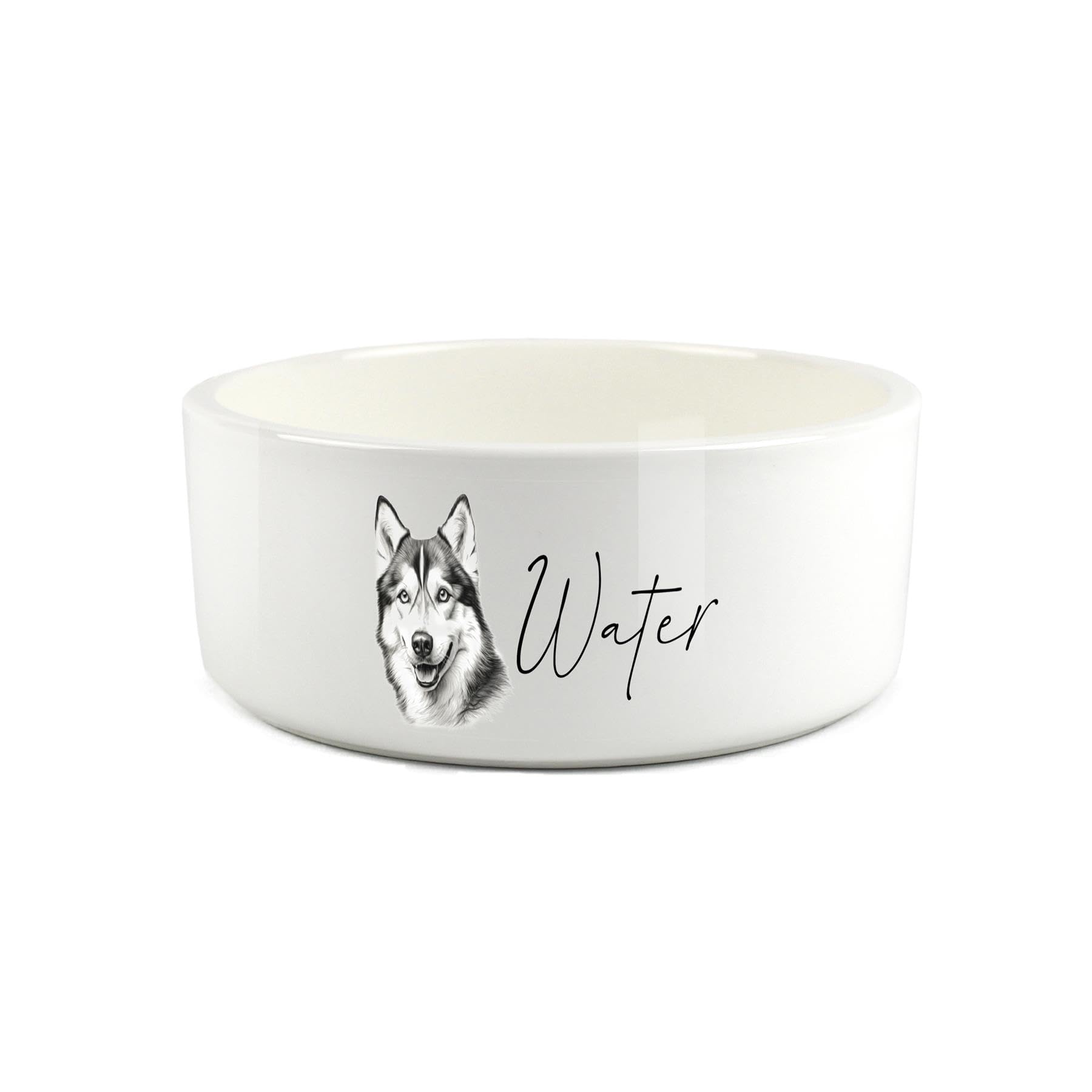 Husky Pet Bowl - Black & White Portrait Large Ceramic Water Bowl - White Water Dish For Dogs
