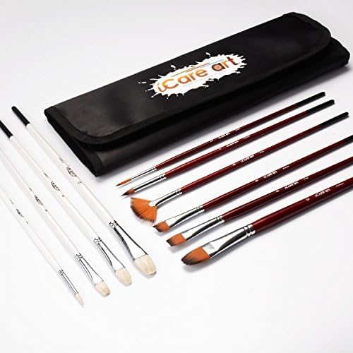 iCare Art 10 Piece Natural Nylon Bristles Round Flat Filbert Fan Head Art Brush Set with Palette and Canvas Case