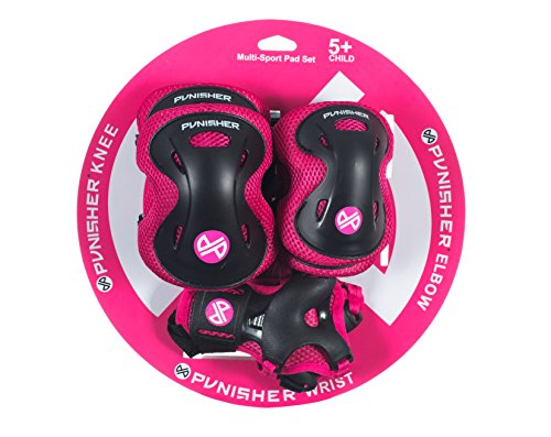 Punisher Skateboards Childrens Protective Pad set for Skateboarding, Elbow Knee and Wrist Pads, Size Small, Pink, Ages 5+