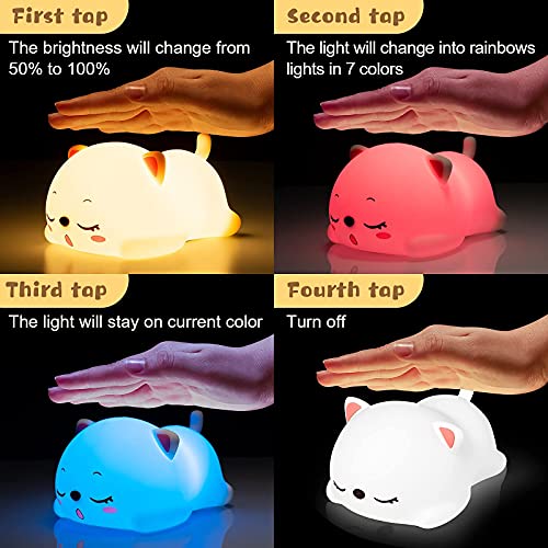 Cute Cat Night Light for Kids,Kawaii Kitty Silicone LED Night Light,USB Rechargeable Portable Night Light 7-Color Changing,Nightlight with Touch Control,Light Up Kids Bedroom for Girls,Cat lover Gifts