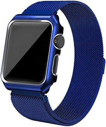 AHXLL Apple Watch Mesh Milanese Loop stainless Steel Replacement iWatch + Metal Protective case for Apple Watch Series 3, Series 2, Series 1, Sport&amp; Edition (Blue, 38MM)