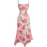 GORGLITTER Women's Floral Ruched Bodycon Cami Dress Mesh Sleeveless Ruffle Asymmetrical Hem Midi Dresses