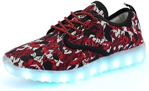 QZMUSE Rainbow Color Unisex LED Shoes Kid's Luminous Dance Shoes Lights Flashing Fashion Sneaker, Red Camo, 32